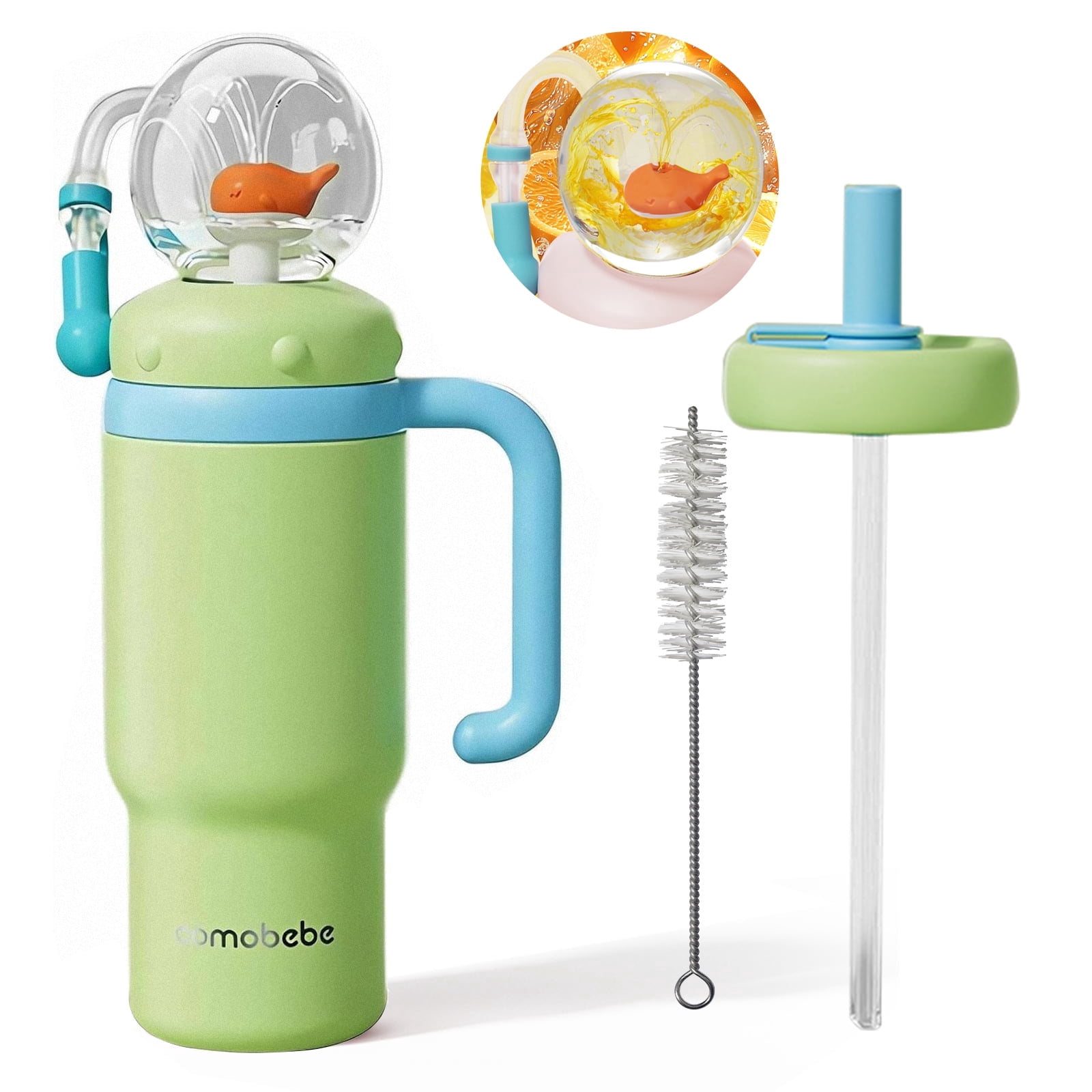 Comobebe 24 oz Insulated Whale Fountain Sippy Cup, 316 Stainless Steel Leak-Proof with 2 Lids, Fits Car Cup Holders, Green Dinosaur for Kids Teens Adults (green)
