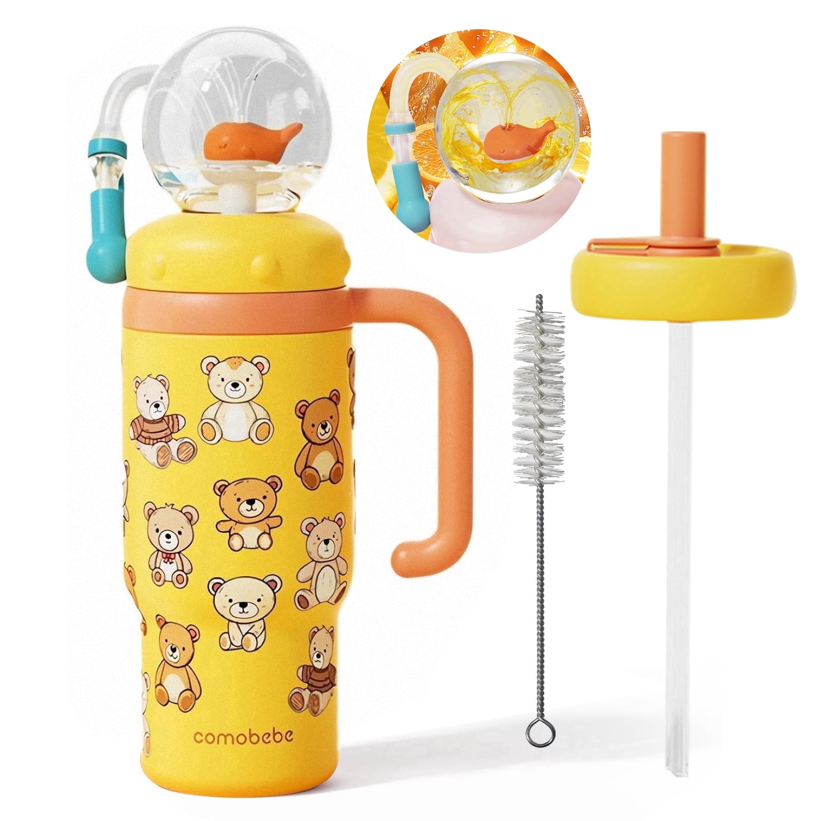 Comobebe 24 oz Insulated Whale Fountain Sippy Cup, 316 Stainless Steel Leak-Proof with 2 Lids, Fits Car Cup Holders, Green Dinosaur for Kids Teens Adults (Orange little bear)