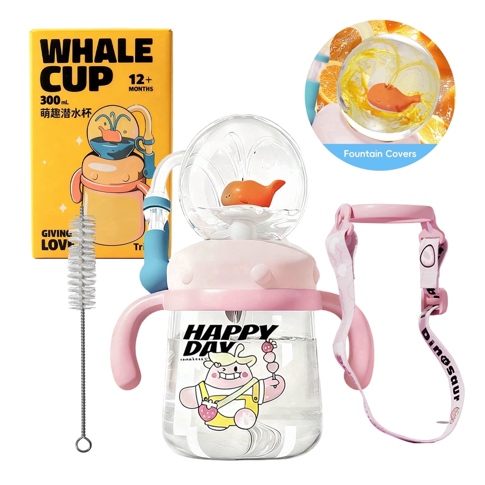 Comobebe Whale Fountain Cup for Kids Toddlers: 10oz/300ml Spill Proof Toddler Sippy  with Handle & Strap, Bpa-Free Forsippy Cups for Toddlers 1-3,Kids Water Bottle (Pink)