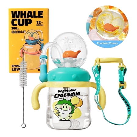 Comobebe Whale Fountain Sippy Cup, 10oz/300ml Spill Proof, BPA-Free with Handle & Strap, for Toddlers 1-3 (Green)