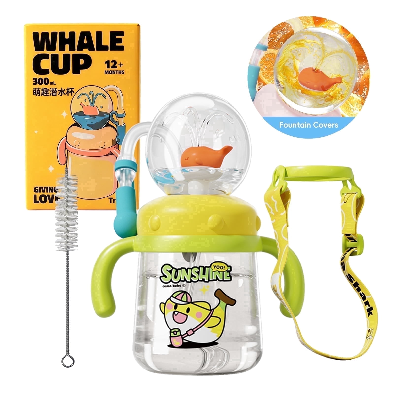 Comobebe Whale Fountain Sippy Cup, 10oz/300ml Spill Proof, BPA-Free with Handle & Strap, for Toddlers 1-3 (Yellow)