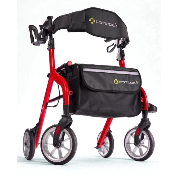 Comodita Piuma Ultra light (16 lb) Stylish rollator / walker with wide ultra soft PU tires for all terrain use. Cup Holder, Cane holder and cell phone pocket included. Modena Red.