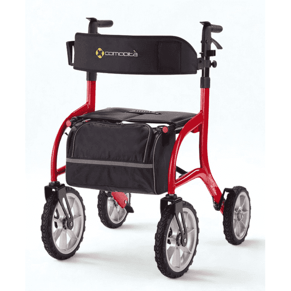 Comodita Siena All Terrain with very large 12" and 10" wheels, with ultra soft solid rugged PU tires, 300 lb weight capacity, recommended for users from 5'4" to 6'5". Modena Red.