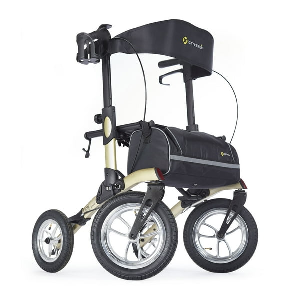 Comodita Tipo All Terrain Rollator Walker with Double Fold Action, Pneumatic Tires, Metallic Champagne