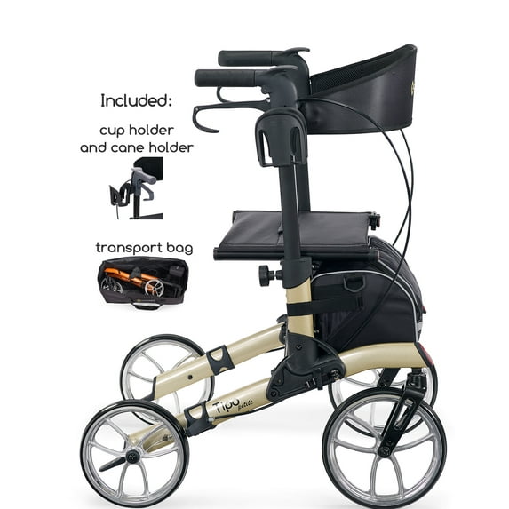 Comodita Tipo Petite Compact Rollator with Double Fold Action and Extra Large 10" Aluminum Front Wheels (Metallic Champagne)