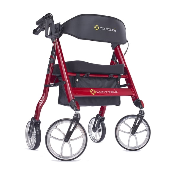 Comodita Uno Heavy-Duty Aluminum Rollator Walker with Orthopedic 16" Wide Seat (Metallic Red)