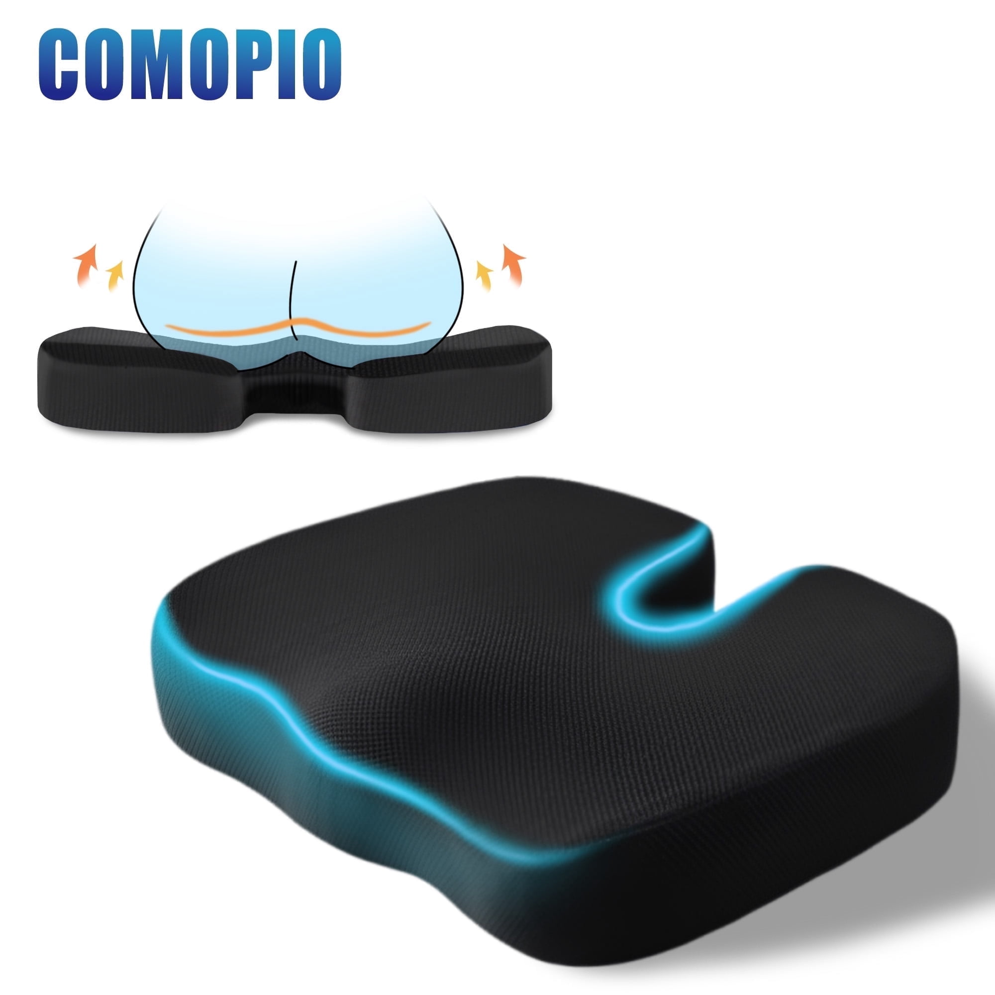 Comopio Memory Foam Seat Cushion for Sciatica, Coccyx & Tailbone Pain Relief, Orthopedic Chair Pillow for Office, Car, Wheelchair & Airplane, Non-Slip Extra Large Premium Support for Desk Chair