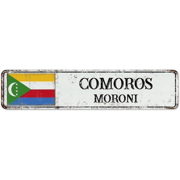 Comoros Flag City Street Farmhouse Metal Signs Outdoor Hanging Outside Signs National Country Souvenir Road Man Cave Decor Aluminum Metal Sign for Cabin Laundry Kitchen 4"x16"