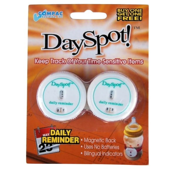 Compac DaySpot Daily Reminder Keeps Track of Freshness for Baby Food, Baby Bottles, Leftovers, White, 2 Count