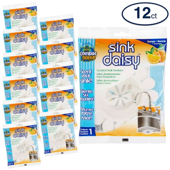 Compac Home Sink Daisy Flexible Plastic Scented Strainer, Freshens & Protects, Orange, 12 Count