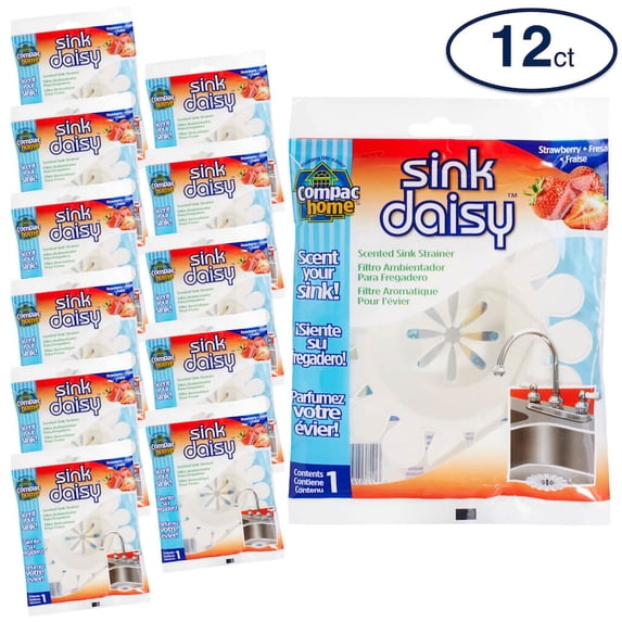 Compac Home Sink Daisy Flexible Plastic Scented Strainer, Freshens & Protects, Strawberry, 12 Count