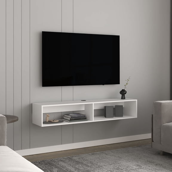 Compact 10.4" H White TV Stand with 2 Shelves | For Small - Sized Rooms | Crafted from Engineered Wood