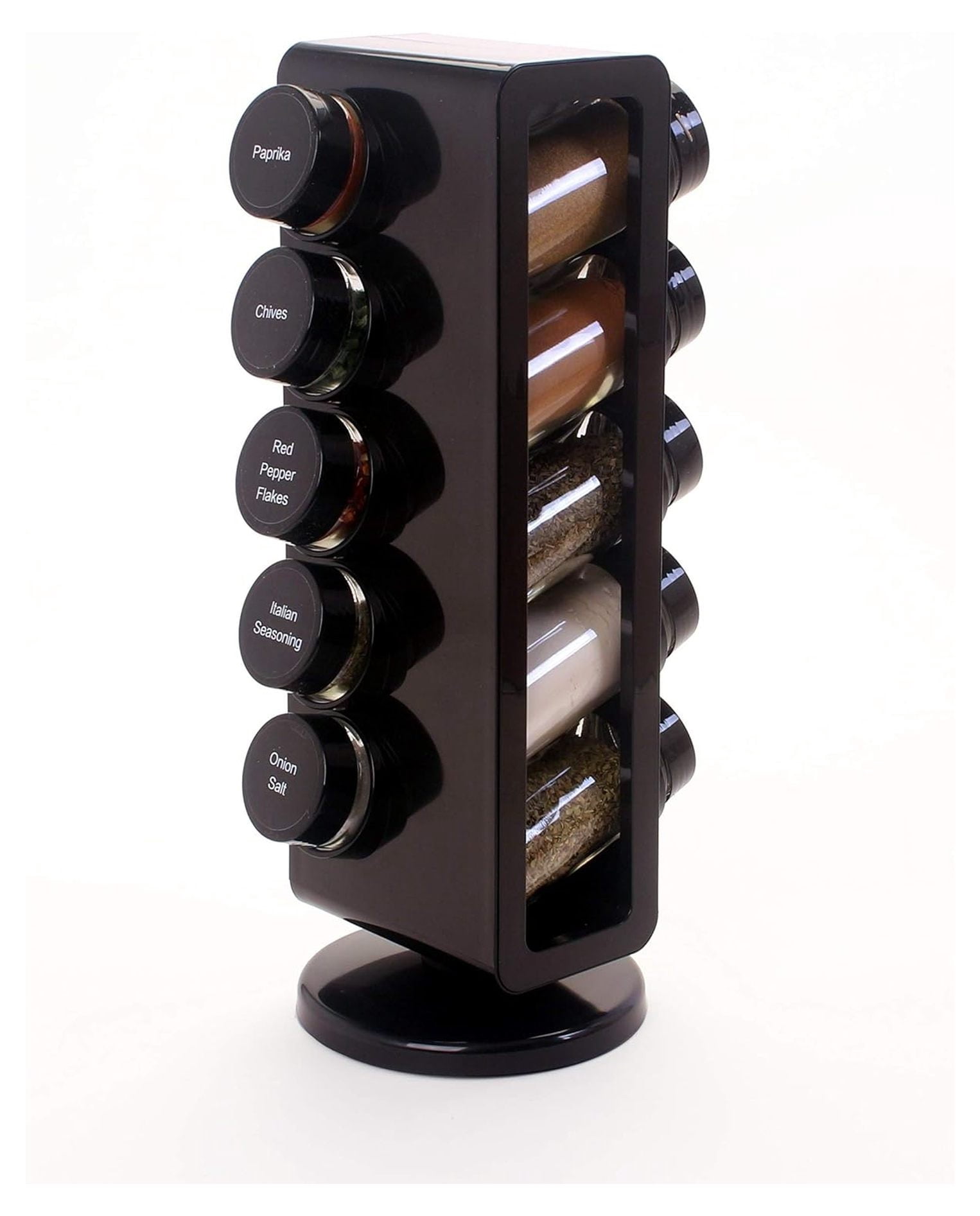 Compact 10 Jar Black Rotating Spice Rack - Filled with Spices and