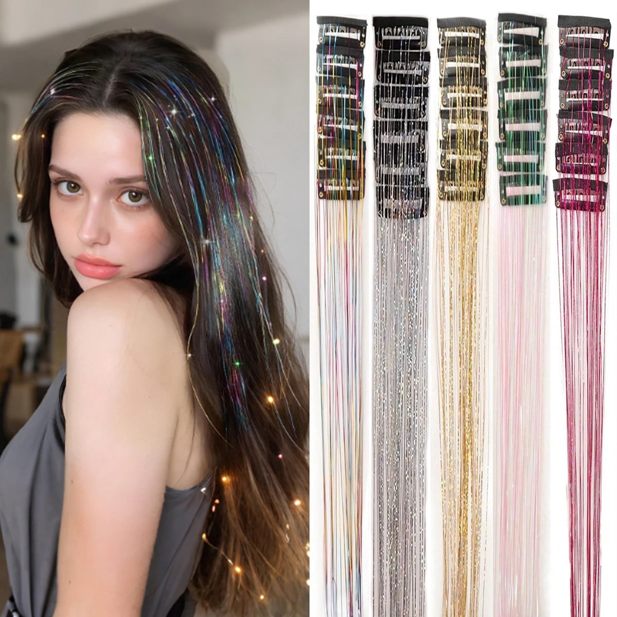 Compact 12Pcs Synthetic Hair Tinsel Clip in Glitter Tinsel Hair Clip in Hair Tinsel Kit Heat Hair Extenciones Para El Cabello 20Inch - Typpkmm