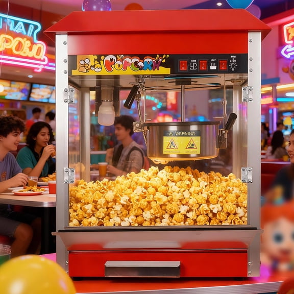 Compact 1300W Popcorn Popper 8oz Capacity 48 Cups/Batch Rapid Output 304 Stainless Steel Frame Tempered Explosion-Proof Glass for Stands Theaters