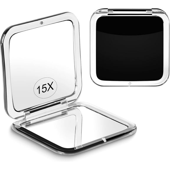 Compact 15X Magnifying Makeup Mirror for Travel, Small Pocket Mirror-Handheld, Foldable & Portable 2-Sided with 15X Magnifying and 1X Mirror for Purses - Square 3.3 x 3.3 inch (Black)