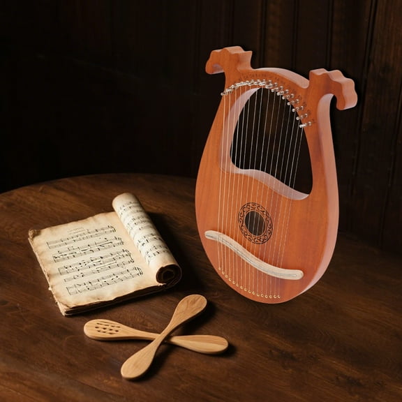 Compact 16 String Mahogany Lyre Harp Lightweight Portable String Instrument Adjustable Tuning for Beginner Practice Home Gathering