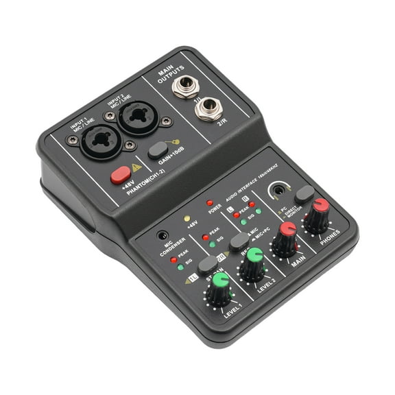 Compact 2-Channel Audio Mixer, 48V Phantom Power, Clear Indicators, Anti-Slip Pads for Smooth Operation in Studio and Events