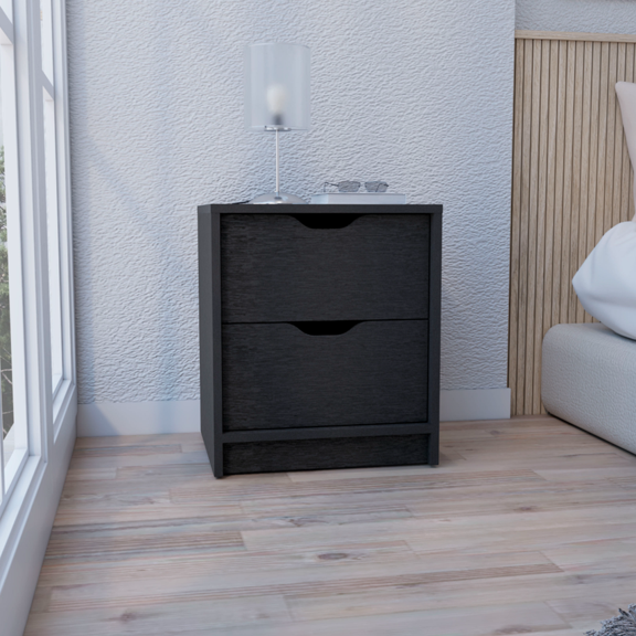 Compact 2 Drawer Nightstand with Pull Out System, Space Saving End Table for Small Bedroom, Black Particle Board Side Table for Tight Spaces