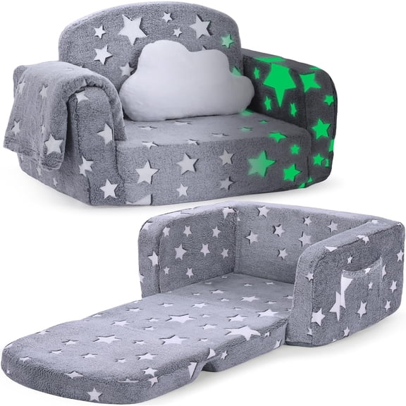 Compact 2-in-1 Convertible Sofa with Blanket and Cloud Pillow, Glow in The Dark Soft Fold Out Lounge Chair, Youth & Teens Furniture, Medium Grey Star