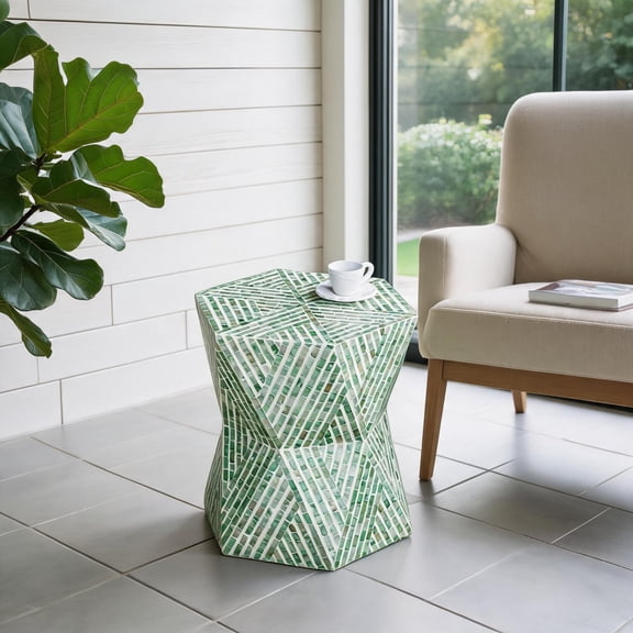 Compact 20-Inch Tapered Green Capiz Stool with Geometric Inlay, Accent Side Table