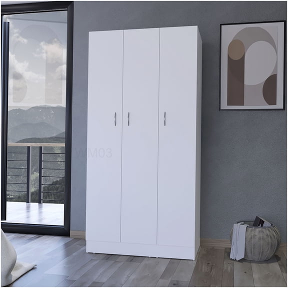 Compact 3-Door Wardrobe Closet with Drawers & Hanging Rod, White Storage Cabinet