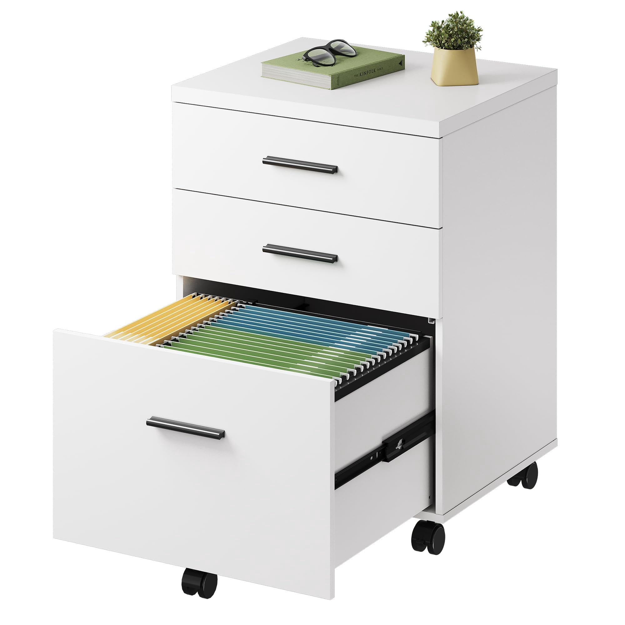 Compact 3 Drawer Filing Cabinet, Wooden Mobile Storage for Office, Under Desk Printer Stand, Full Extension Drawers for Documents, White