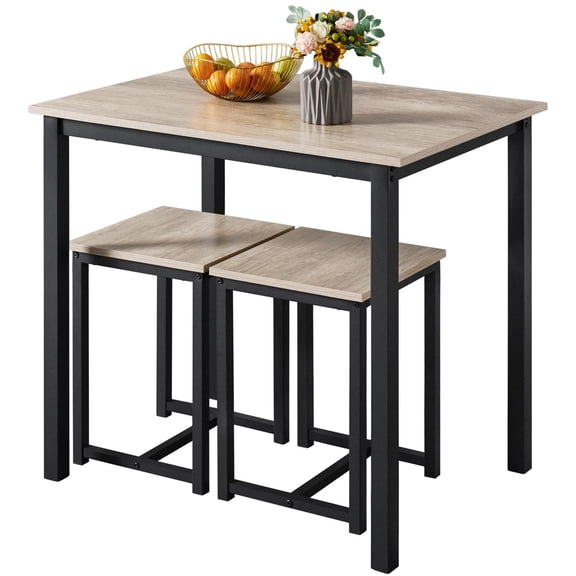 Compact 3 Piece Dining Set, Kitchen Table and 2 Stools for Small Spaces, Industrial Style Table for Dining Room Living Room Apartment, Gray