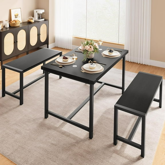 Compact 3-Piece Dining Table Set: for 4 with 2 Benches, Space-Saving Kitchen & Dining Room Solution