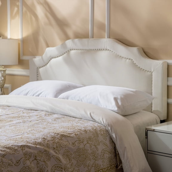 Compact 3-inch Depth Upholstered Headboard, Black Iron Legs & Decorative Nail Accents for Modern Bedroom