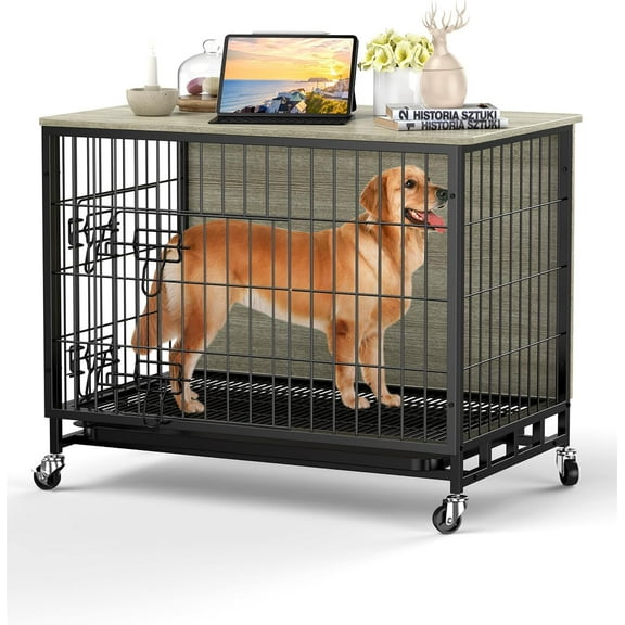 Compact 32" Dog Crate Furniture with Double Doors - Mobile Wooden Kennel Table