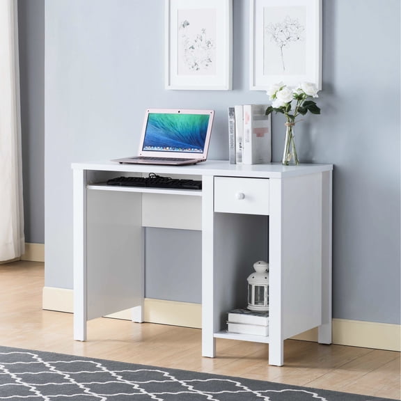 39W White Compact Desk with Keyboard Drawer and Catch All Drawer for Home Office Students
