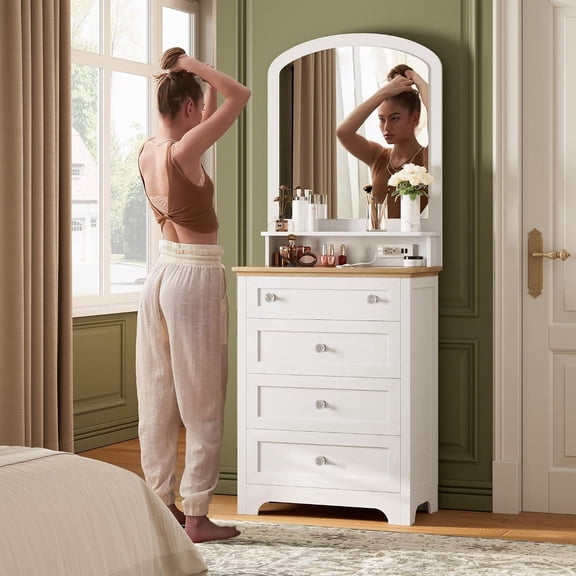 Compact 4-Drawer Vanity Dresser with Mirror, LED Light Strip and Charging Station, Space-Saving Makeup Storage Cabinet with Glass Top and Metal Slides for Bedroom, Living Room,White+walnut