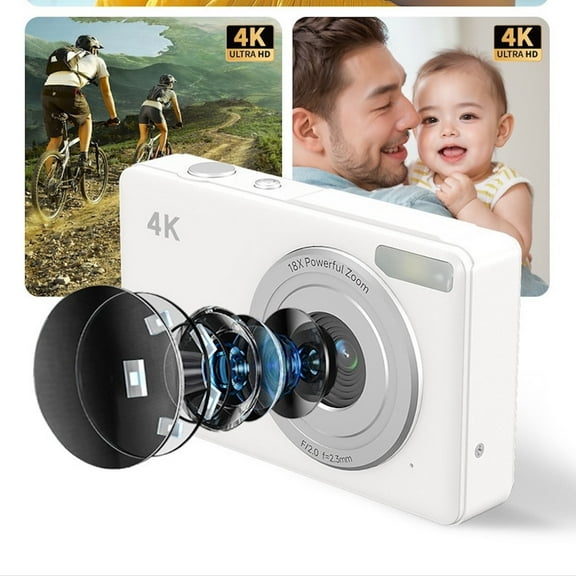 Compact 4K Ultra HD Digital Card Camera CCD Mini Digital SLR Camera 64MP 18x Optical Zoom LED Fill Light Portable Multifunctional Photo and Video Recording Camera with Tripod