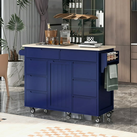 Compact 53" Kitchen Cart with Versatile Storage & Rubber Wood Countertop, Mobile Kitchen Island with 8 Handle-Free Drawers & 5 Rolling Wheels, Dark Blue