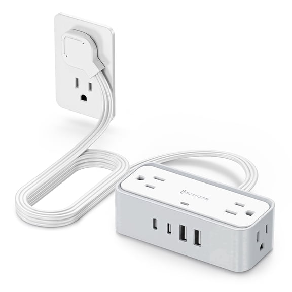 Compact 8-Port Flat Plug Power Strip, 4 AC Sockets with 2 USB-A & 2 USB-C, 950 Joule Surge Protector, 5 FT Extension Cord, Mount Ready
