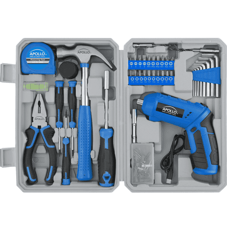 Apollo Tools Compact 81 Piece Tool Set with 3.6V Li-Ion Rechargeable USB Cordless Screwdriver - DT2020 Blue/Gray