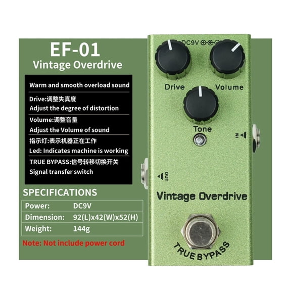 Compact 9V Guitar Stompbox with 10 Multi-Effects - Vintage Overdrive, Stage-Ready Portable Pedal for Live/Studio Use