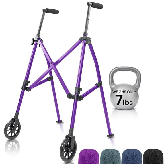 Vive Compact Airframe Lightweight Rolling Walker for Seniors – Foldable Aluminum Mobility Aid with 6” Front Wheels, Rear Ski Glides, Adjustable Height, Portable Travel Walker, Purple