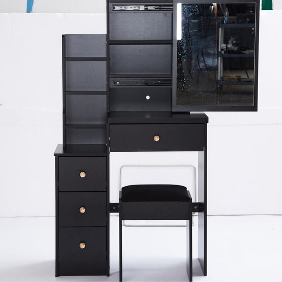 Compact Area Vanity With Cushioned Seat, Big Sliding Mirror, Multi-layer Storage, Black Dressing Table For Restricted Bedroom Space Seat & Storage Bedrooms, , , , Ul Approved