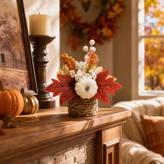 Compact Artificial Maple Leaf Pumpkin Mini Potted Bonsai, Autumn Harvest Faux Greenery Desk Ornament, Rustic Fall Decor for Thanksgiving Indoor Desktop Shelf Office Home Holiday Decoration, E