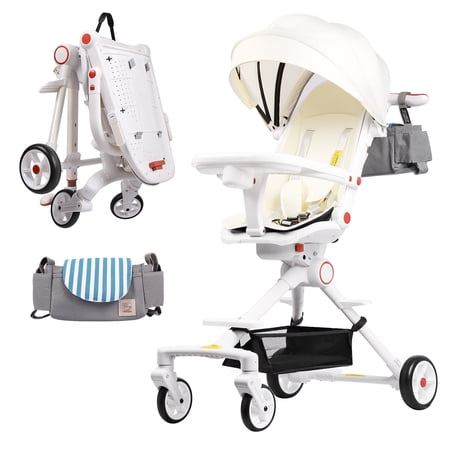 Compact Baby Stroller Lightweight Travel Stroller for Babies & Toddlers 360°Swivel seat with Multifunctional Handbag & Sleep Shade & Oversize Basket Foldable Stroller White