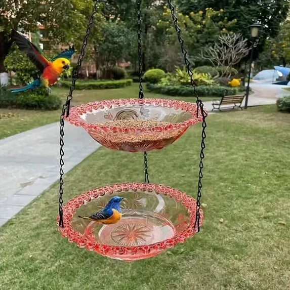 2-Tier Hanging Bird Feeder, Vintage Pink Rim Plastic Bowls, 19.7" Chain Mount, 2-in-1 Feeder & Bird Bath