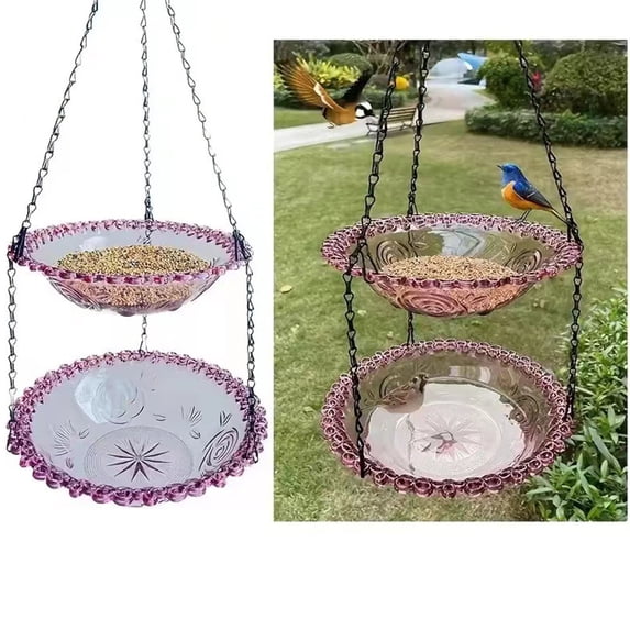 2-Tier Hanging Bird Feeder, Vintage Purple Rim Plastic Bowls, 19.7" Chain Mount, 2-in-1 Feeder & Bird Bath