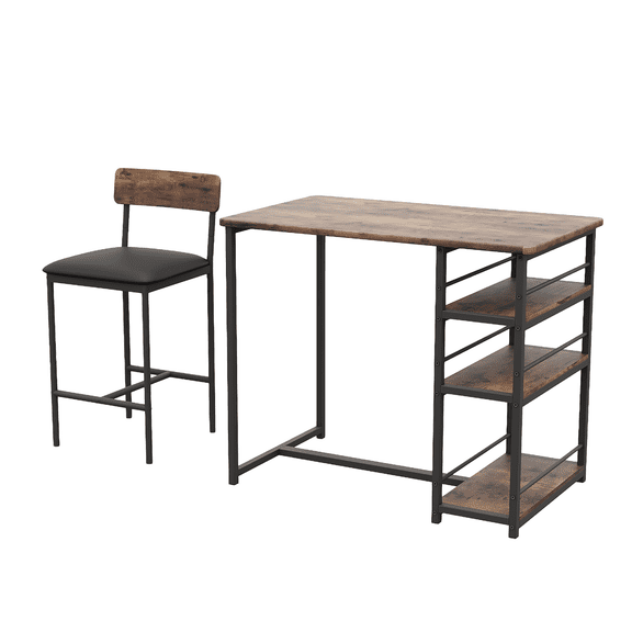 Compact Bar Table Set for 2 with Storage Shelves and Padded Stools, Ideal for Small Spaces and Apartments,Retro color