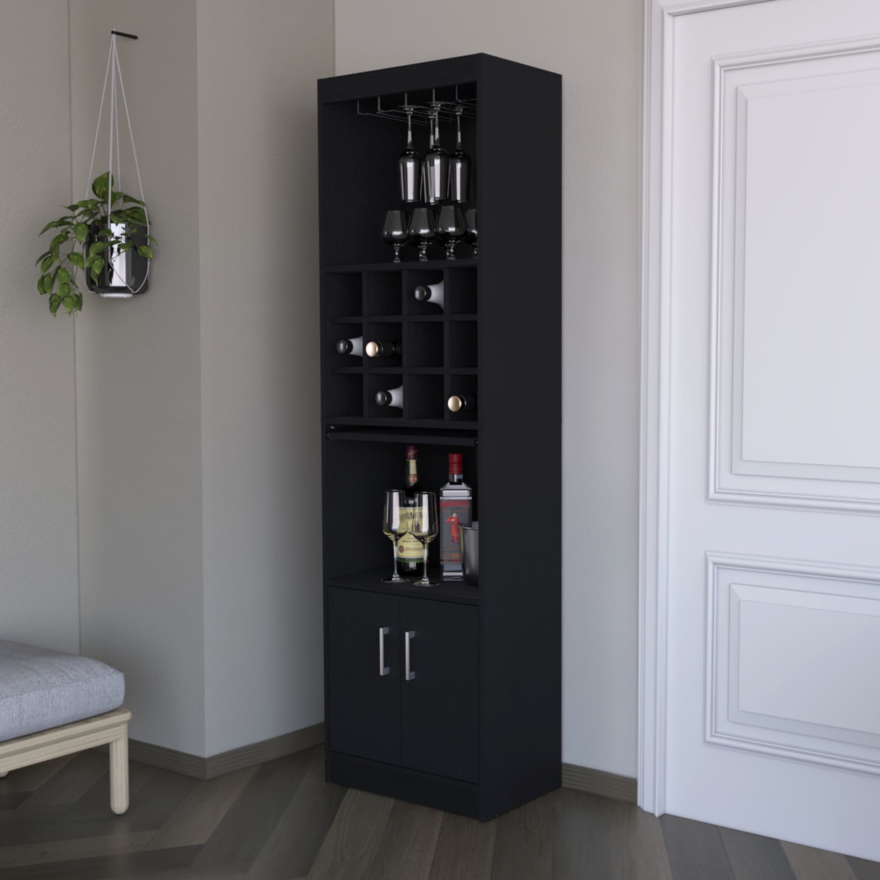 Compact Black Bar Cabinet with Open Storage | Ideal for Tight Spaces ...