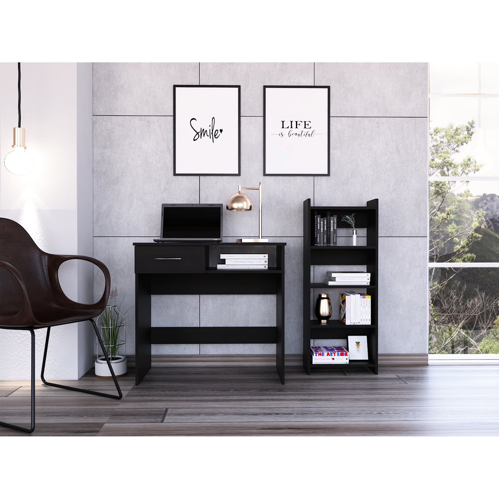 Compact Black Desk With 5-shelf Bookcase, Metal Handle Drawer, And ...
