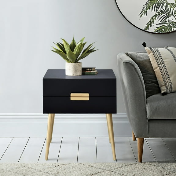 Compact Black & Gold Table with 2 Drawers / Functions as Nightstand, Keeps Things Tidy