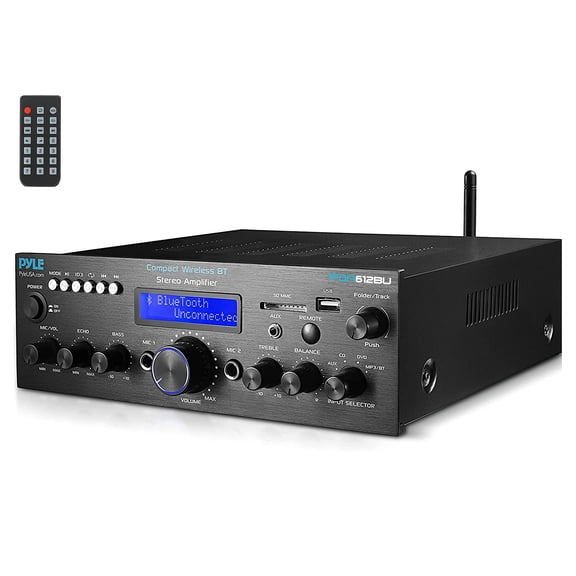 Compact Bluetooth Stereo Amplifier - Desktop Audio Power Amp Receiver with FM Radio, MP3/USB/SD Readers, Digital LCD Display, Microphone Input 200 Watt.