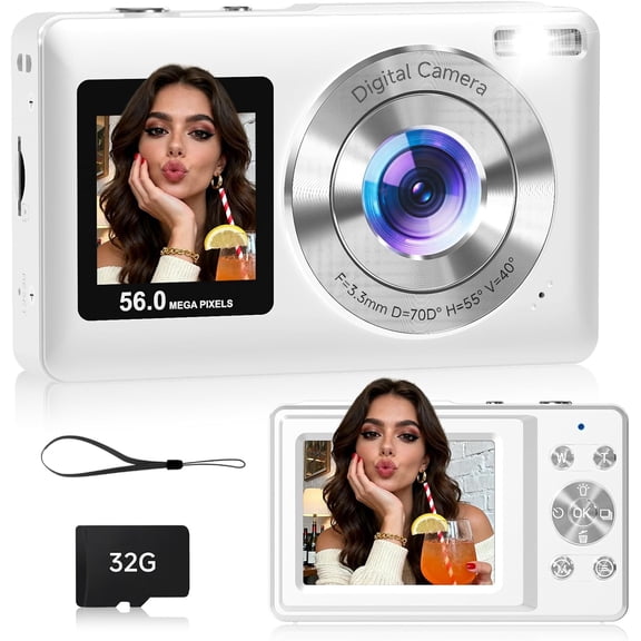 Compact Camera,56MP Dual-Screen Digital Camera for Teens with Auto Focus,Smile Capture,Anti-Shake,16X Zoom,32GB SD Card Camera Digital Gift for Boys Girls Teens